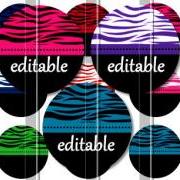 Zebra Print Colors Editable 1 INCH Circle Digital Bottle Cap Image Collage Sheet For Bottle Cap Jewelry, Key Chains, Zipper Pulls, Card Making Embellishments, Scrapbook Embellishments, and Hairbows