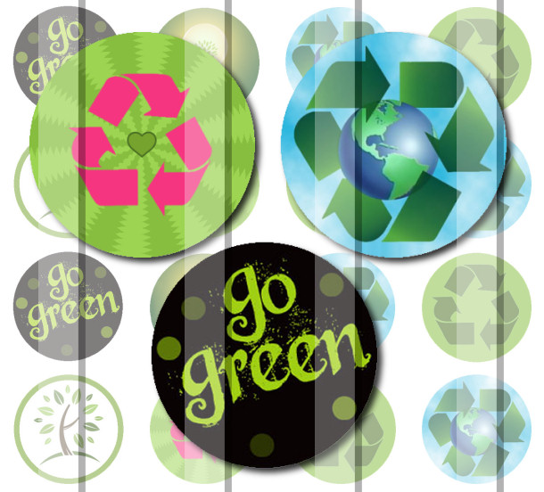 Go Green Recycle Symbols 1 Inch Circle Digital Bottle Cap Image Collage Sheet For Bottle Cap Jewelry, Key Chains, Zipper Pulls, Card Making