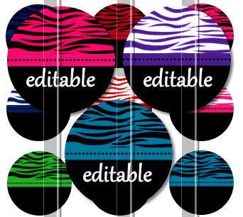 Zebra Print Colors Editable 1 Inch Circle Digital Bottle Cap Image Collage Sheet For Bottle Cap Jewelry, Key Chains, Zipper Pulls, Card Making