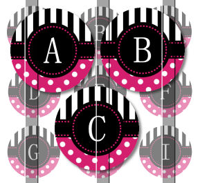 Pink Stripes And Polka Dots Alphabet 1 Initials Letters 1 Inch Circle Digital Bottle Cap Image Collage Sheet For Bottle Cap Jewelry, Key Chains,
