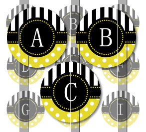 Yellow Stripes And Polka Dots Alphabet 1 Initials Letters 1 Inch Circle Digital Bottle Cap Image Collage Sheet For Bottle Cap Jewelry, Key
