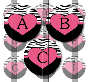 Zebra Print Heart Alphabet Initials Letters 1 Inch Circle Digital Bottle Cap Image Collage Sheet For Bottle Cap Jewelry, Key Chains, Zipper